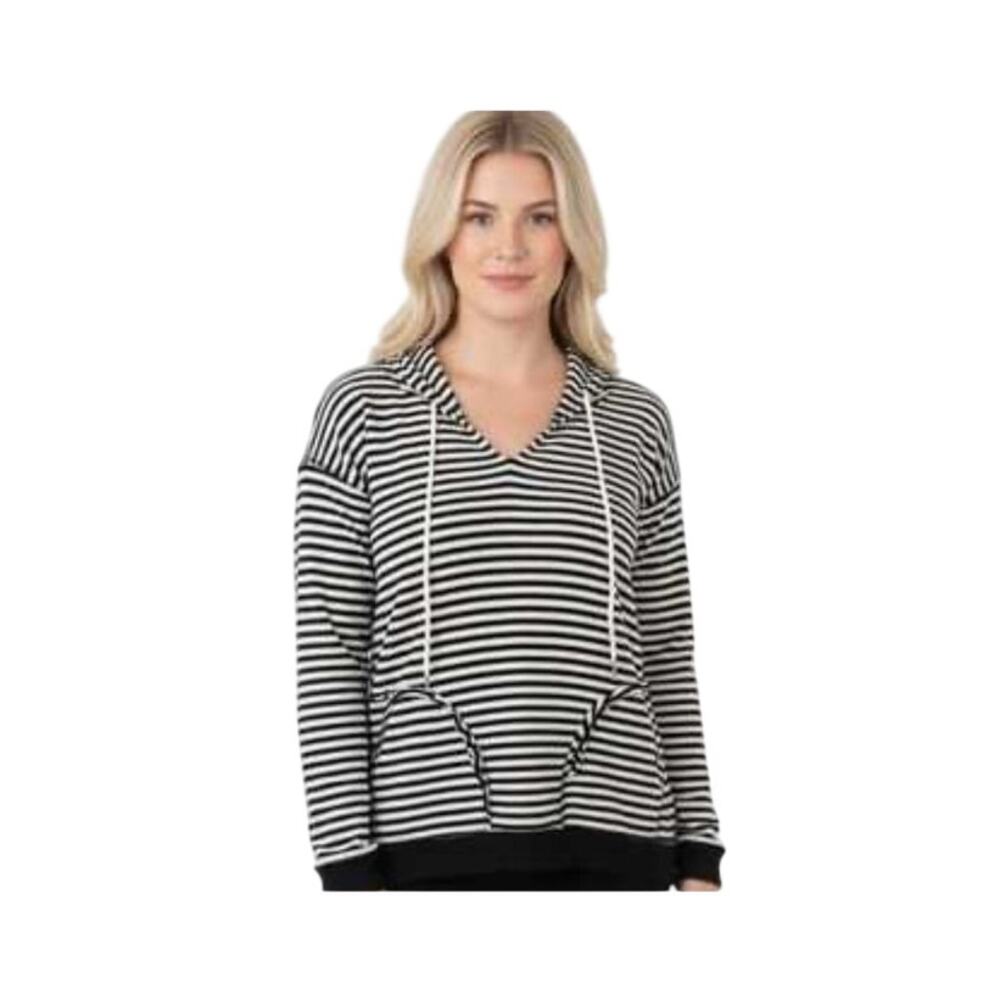 Paper Crane Black & white striped hoodie v neck womens size S